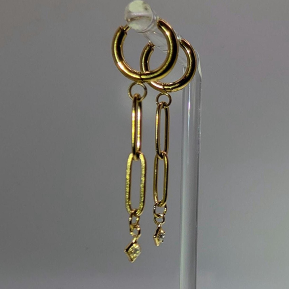 Gold Tone Paperclip Chain Huggie Earrings Gold Ion-Plated Stainless Steel Hoops - Picture 10 of 12